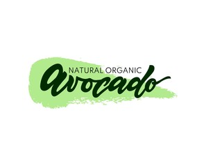 Hand calligraphy lettering avocado natural organic on watercolor texture spot.Vector.