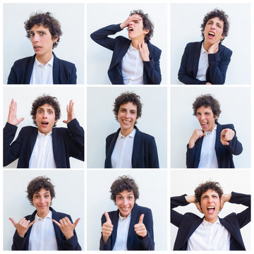 Funny Curly Haired Woman Portrait Set With Different Hand Gestures And Facial Expressions. Business Lady Studio Shot Collage. Multiscreen Montage, Split Screen Collage. Emotions Concept