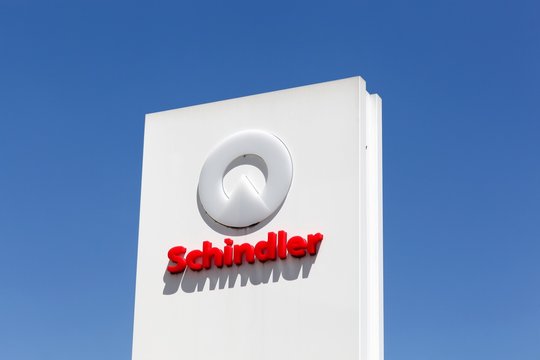 Saint Priest, France - June 18, 2017: Schindler logo on a panel. The Schindler Group is a manufacturer of escalators, elevators, and moving walkways worldwide, founded in Switzerland in 1874