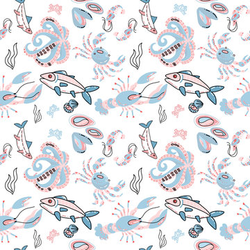 Light blue Seafood seamless patern with hand drawn doodle illusration in scandinavian style. Print isolated in white background. Many marine inhabitants - fishes, octopus, shells, crab, lobster