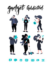 Men and women walking and holding mobile phones - smartphone addiction concept - people chatting, texting, reading newsfeed on social media. illustration in flat hand drawn style