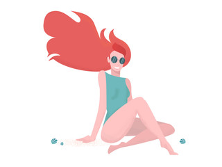 Obraz na płótnie Canvas Modern flat illustration with textures in cartoon style on white background.Girl in round sunglasses sits on sand with crossed legs. Long red hair fluttering in wind.Slim girl poses for photo on beach