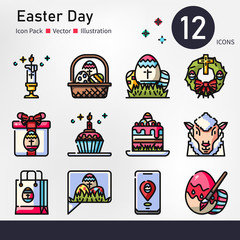 Easter day icon set, vector and illustration color outline