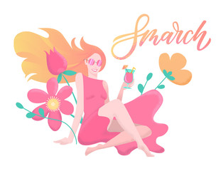 Women Day textured illustration. Lettering quote 8 march. Smiling Young woman in pink dress with cocktail in her hands sits among giant flowers. Horizontal format design for web banner, greeting card.