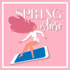 Lettering Spring is here on card with girl on big smartphone in a hurry to spring sale. Discount banner for advertising. Square flat illustration in on pink background with board