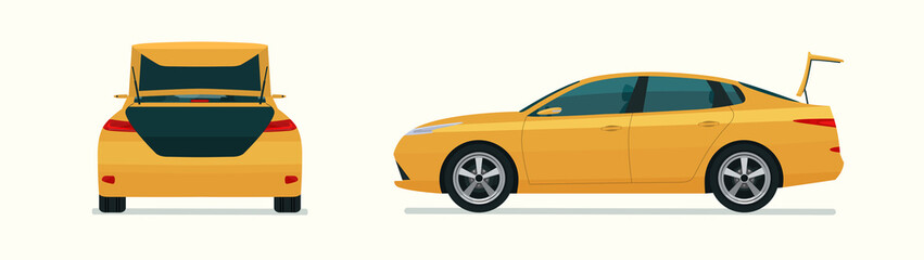 Sedan car with open boot. Side and back view. Vector flat style illustration.