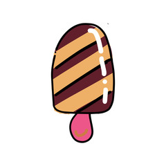 Striped Ice Cream Choc-ice Sketch. Hand drawn cartoon isolated illustration on a white background. Sweet delicious cold dessert ice lolly food, snack. Stylized drawing cartoon Line art. Doodle.
