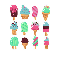 Flat hand drawn art icecream icons set. Dessert food. Set of various types simple ice cream bright color sketches in waffle cup, popsicle. scribble illustration isolated on white background