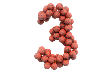 Number 3 from basketball balls, 3D rendering