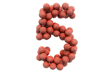 Number 5 from basketball balls, 3D rendering