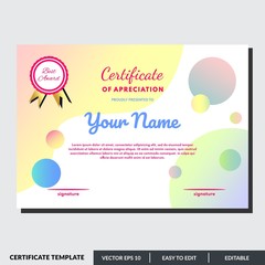 Modern certificate template of appreciation award. Creative certificate design in professional style. Diploma design graduation, award, success. Editable text in vector illustration.