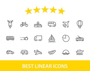 Set of Public Transport Related Vector Line Icons. Contains such Icons as Bus, Bike, Scooter, Car, balloon, Truck, Tram, Trolley, Sailboat, powerboat, Airplane and more. Editable Stroke. 32x32 Pixel