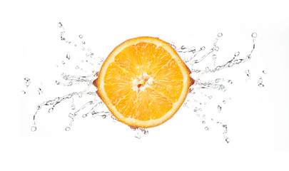 Orange on a white background with beautiful splashes of water..