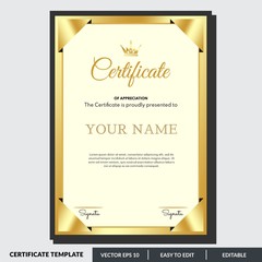 Modern certificate template of appreciation award. Creative certificate design in professional style. Diploma design graduation, award, success. Editable text in vector illustration.