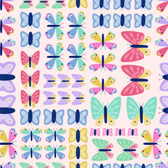 Geometric colourful butterfly seamless vector repeat pattern background. Great for children's products, parties, bedding, clothing, stationery, sleepwear