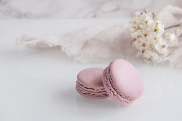Delicious violet macarons with white flowers on white background