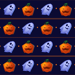 Seamless Halloween pattern with funny pumpkins and ghosts