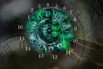 Green clock and numbers, numerology