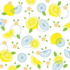 Tropical fruit pattern.Cute fresh lemon with beautiful flower blossom and green leave isolated on white background.Cartoon fruits.Summer concept.Vector.Illustration.