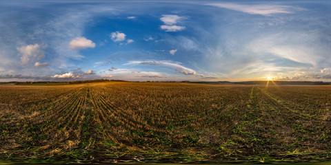 full seamless spherical hdri panorama 360 degrees angle view among fields in evening sunset with...