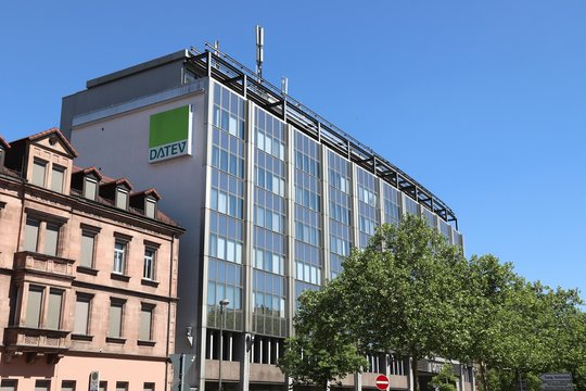 NUREMBERG, GERMANY - MAY 6, 2018: Datev office building in Nuremberg, Germany. Datev specializes in tax and accounting services and software. It employs more than 7,000 people.