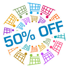 Discount Fifty Percent Off Colorful Shopping Cart Circular Badge Style 