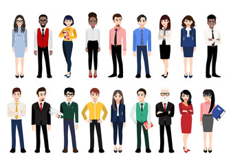 Cartoon character with office people collection. Vector illustration of diverse cartoon standing men and women of various races, ages and body type. Isolated on white.