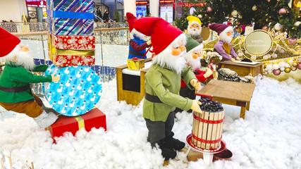 TBILISI, GEORGIA DECEMBER 19, 2019: New Year decorations in a large shopping center located in Tbilisi. Christmas gnomes.