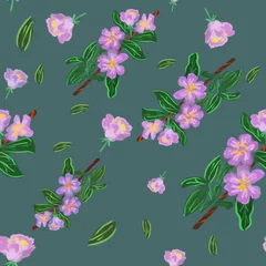 Foto auf Alu-Dibond seamless pattern with pink apple flowers, leaves and branches on dark blue background. Elegant spring print. Packaging, wallpaper, textile, fabric design © Kate