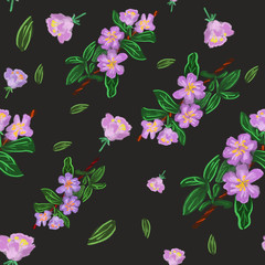 Watercolor apple flowers, branches and leaves on black background. Elegant seamless pattern. Print, packaging, spring, wallpaper, textile, fabric design  