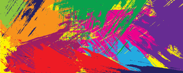 Vibrant paint like splash illustration with multi colored marks on open panorama background.