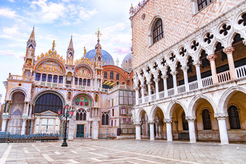 View of the exterior of the Saint Mark's Cathedral (Basilica San Marco) and Doge's Palace (Palazzo Ducale) in Venice, Italy - obrazy, fototapety, plakaty