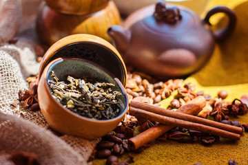 Tea cinnamon coffee pottery in the sun