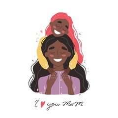 Beautiful young black african american woman and her charming little daughter. Girl hugs mom and smiles