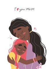 Beautiful young black african american woman and her charming little daughter. Girl hugs mom and smiles