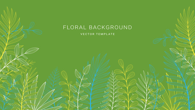 Vector background with space for text, elegant plants and palm leaves in graphic line art style. Design template for greeting cards, posters, banners, horizontal format.