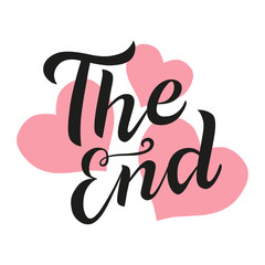The end lettering text on background with pink hearts. Handmade calligraphy vector illustration. Vector design for poster, logo, decor, movie, cinema, card, banner, postcard, final credits and print.