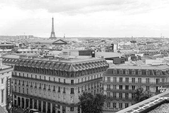 Paris form the rooftop in a cloudy day, black and white photography, in Paris, France