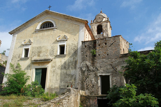 Ruins of church in in Old Town of Balestrino - ghost town in Liguria region in Italy