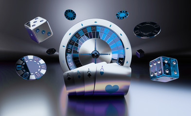 Silver Casino Gambling Concept With Glass Blue And Black Details - 3D Illustration