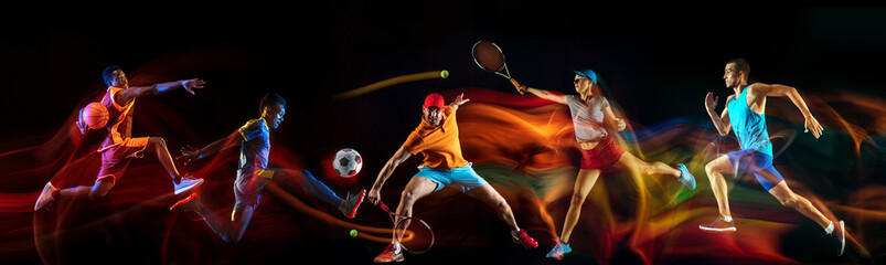 Creative collage of sportsmen in mixed and neon light on black background. Flyer for advertising or proposal. Motion, action, sport, reaching target concept. Tennis, soccer, basketball, badminton, run