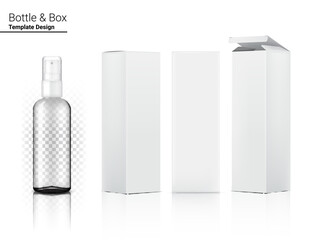 Spray Bottle Transparent Mock up Realistic Cosmetic and Box for Skincare Product or medicine on White Background Illustration. Health Care and Medical Concept Design.