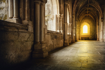 Detail of the medieval gothic cloisters of the cathedral of Evora, main city of the Alentejo region (Portugal) 