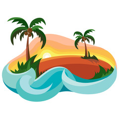 Fototapeta na wymiar Tropical island in ocean with palm trees. Vector illustration in cartoon style.