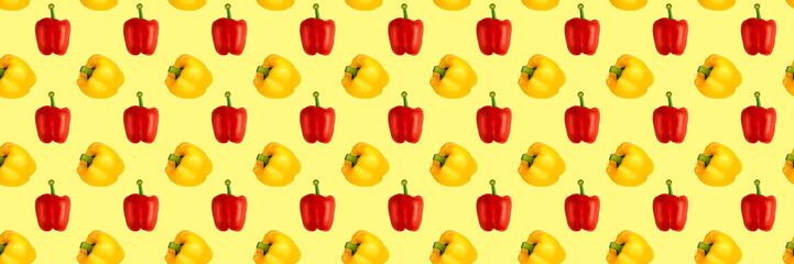 Seamless food pattern. Red and yellow sweet bell peppers on a yellow background. Vegetable, healthy ingredient.