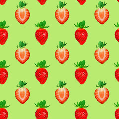 Seamless pattern of strawberries isolated on a green background. Creative food concept