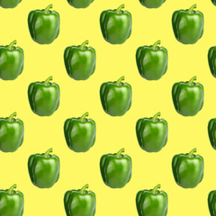 Seamless food pattern. Green sweet bell pepper on a yellow background. Vegetable, healthy ingredient. Bulgarian paprika