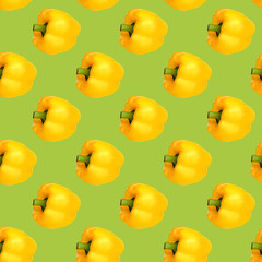 Seamless food pattern. Yellow sweet bell pepper on a green background. Vegetable, healthy ingredient. Bulgarian paprika