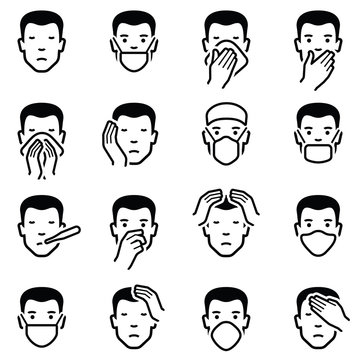 Man face illness disease flu medical healthcare emoticons icon collection - vector outline illustration 