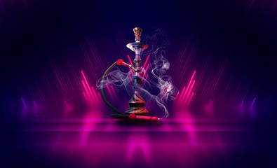 Hookah with smoke on a dark abstract background. Background of p - obrazy, fototapety, plakaty